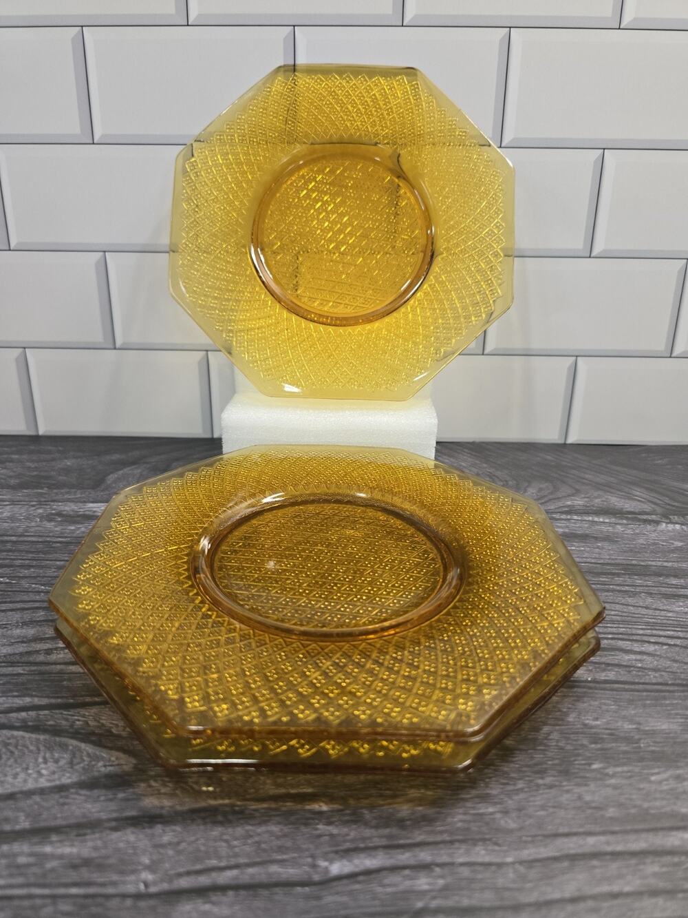 Set of 3 Vintage L.E. Smith Amber Glass 7" Octagon Diamond Dessert Plates